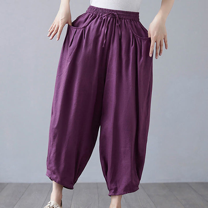 Pantalon court d'été uni Buddha Stones pour femme, sarouel en coton et lin avec poches - image 22