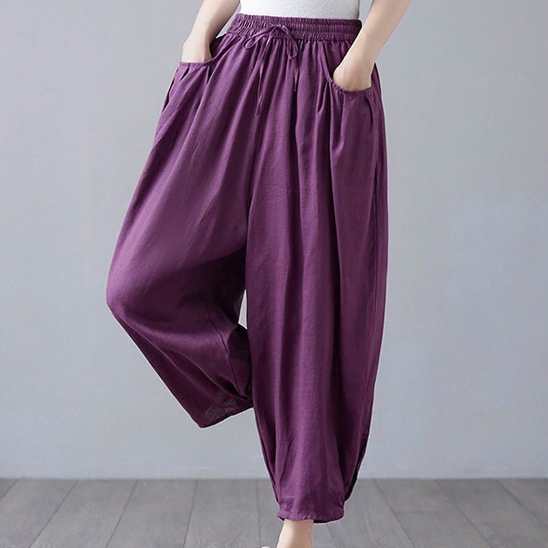 Pantalon court d'été uni Buddha Stones pour femme, sarouel en coton et lin avec poches - image 26