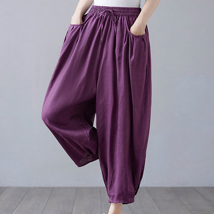 Pantalon court d'été uni Buddha Stones pour femme, sarouel en coton et lin avec poches - image 26