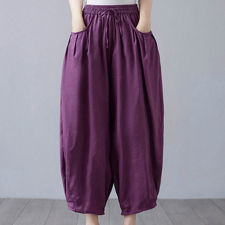 Pantalon court d'été uni Buddha Stones pour femme, sarouel en coton et lin avec poches - Violet - US12，UK/AU16，EU44 (3XL) - image 21