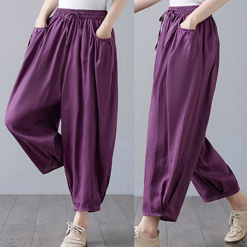Pantalon court d'été uni Buddha Stones pour femme, sarouel en coton et lin avec poches - image 27