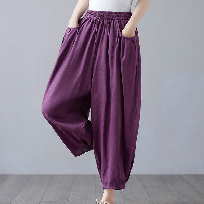 Pantalon court d'été uni Buddha Stones pour femme, sarouel en coton et lin avec poches - image 24