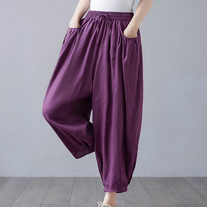 Pantalon court d'été uni Buddha Stones pour femme, sarouel en coton et lin avec poches - image 24