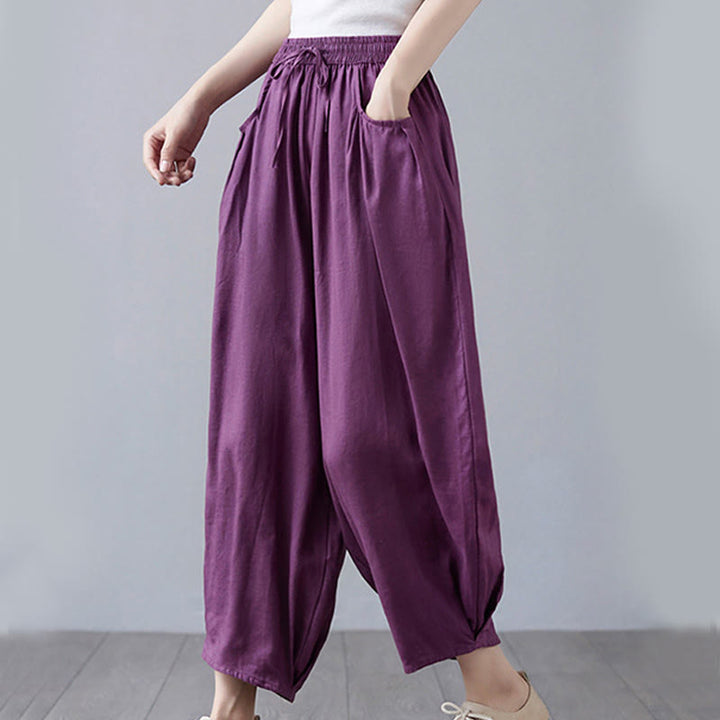 Pantalon court d'été uni Buddha Stones pour femme, sarouel en coton et lin avec poches - image 25