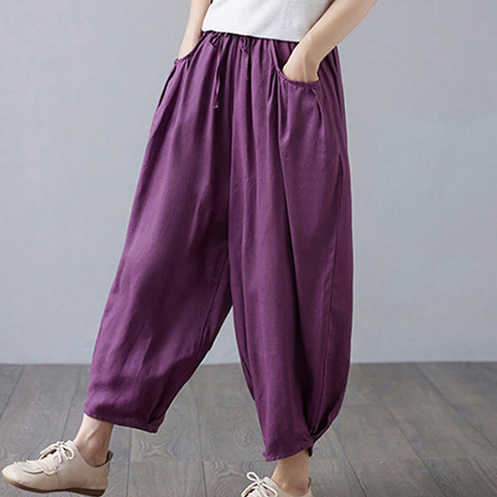 Pantalon court d'été uni Buddha Stones pour femme, sarouel en coton et lin avec poches - image 23