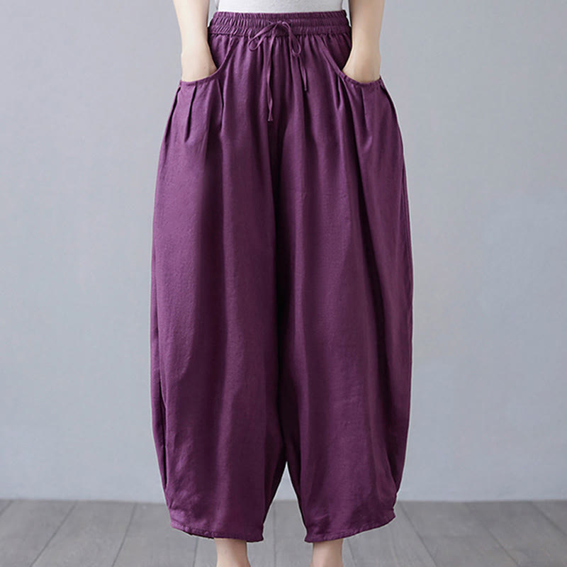 Pantalon court d'été uni Buddha Stones pour femme, sarouel en coton et lin avec poches - Violet - US12，UK/AU16，EU44 (3XL) - image 20
