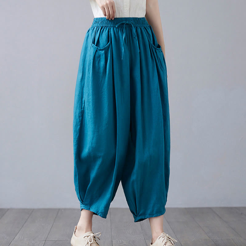 Pantalon court d'été uni Buddha Stones pour femme, sarouel en coton et lin avec poches - image 29