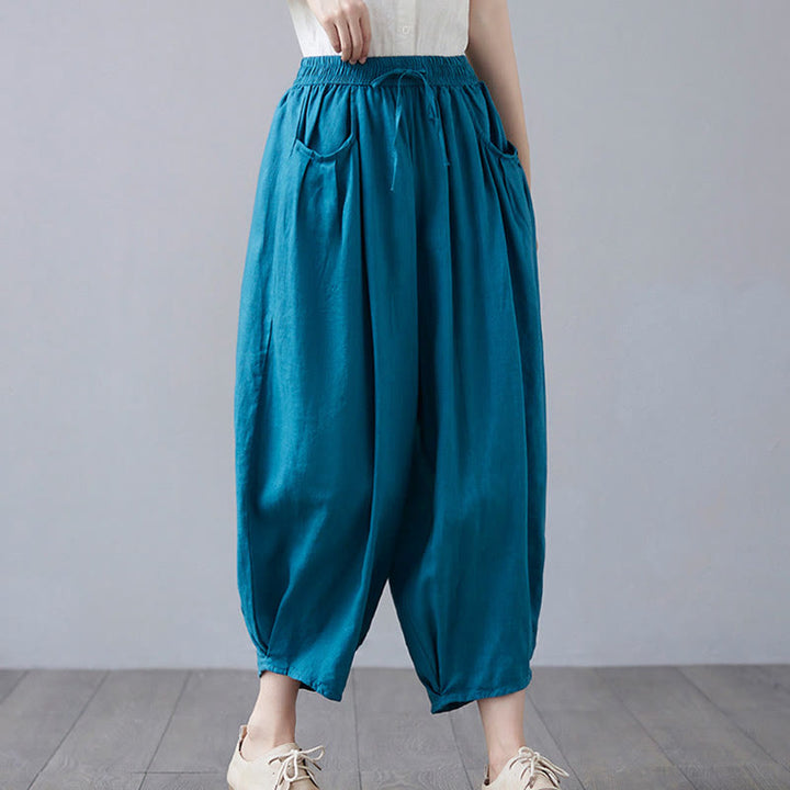 Pantalon court d'été uni Buddha Stones pour femme, sarouel en coton et lin avec poches - image 29