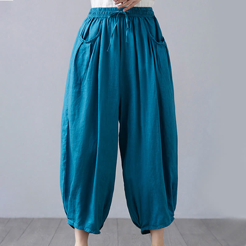 Pantalon court d'été uni Buddha Stones pour femme, sarouel en coton et lin avec poches - image 31