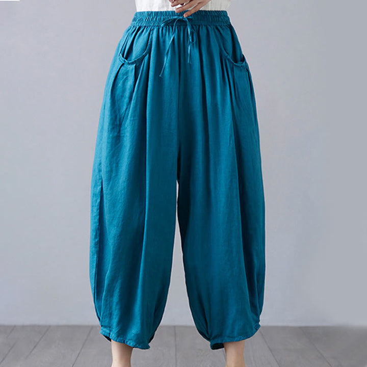 Pantalon court d'été uni Buddha Stones pour femme, sarouel en coton et lin avec poches - image 31