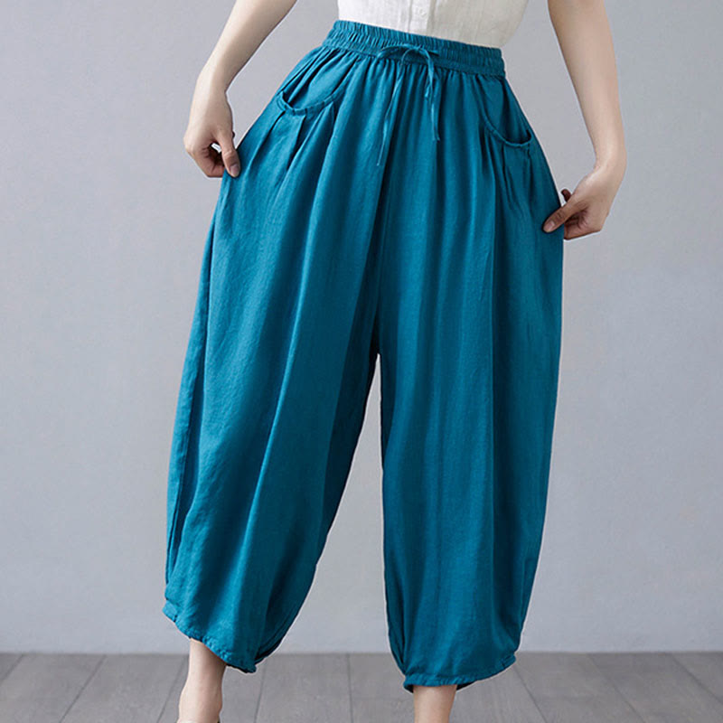 Pantalon court d'été uni Buddha Stones pour femme, sarouel en coton et lin avec poches - Bleu ciel profond - US12，UK/AU16，EU44 (3XL) - image 28