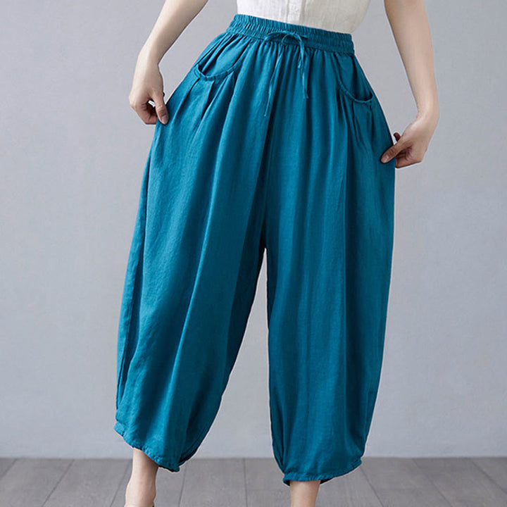 Pantalon court d'été uni Buddha Stones pour femme, sarouel en coton et lin avec poches - Bleu ciel profond - US12，UK/AU16，EU44 (3XL) - image 28