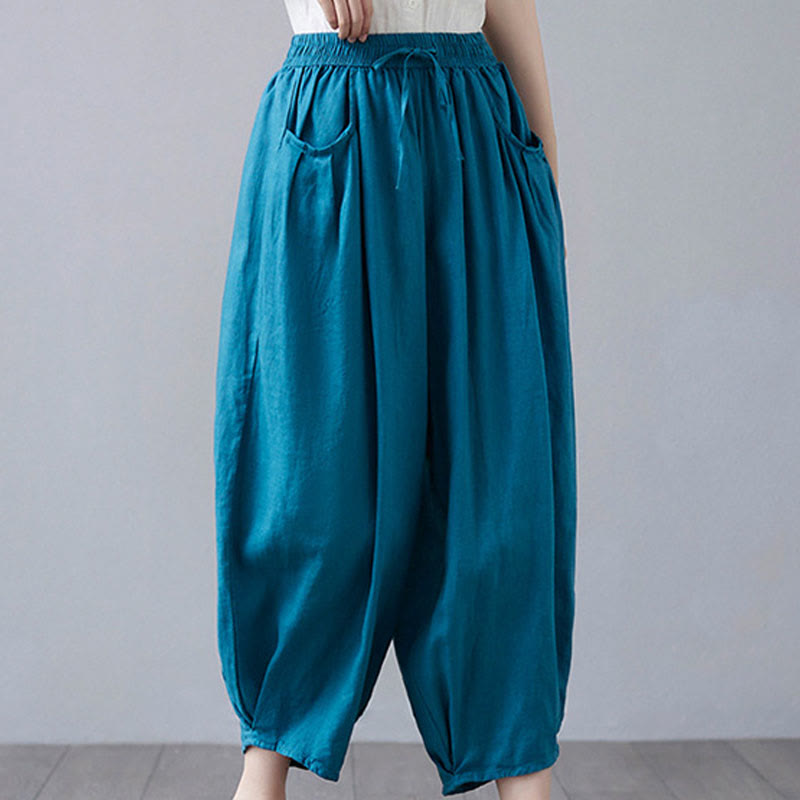 Pantalon court d'été uni Buddha Stones pour femme, sarouel en coton et lin avec poches - image 30