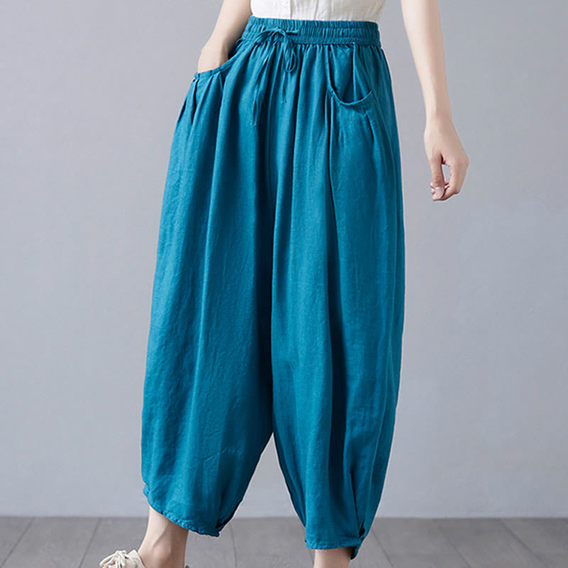 Pantalon court d'été uni Buddha Stones pour femme, sarouel en coton et lin avec poches - image 32