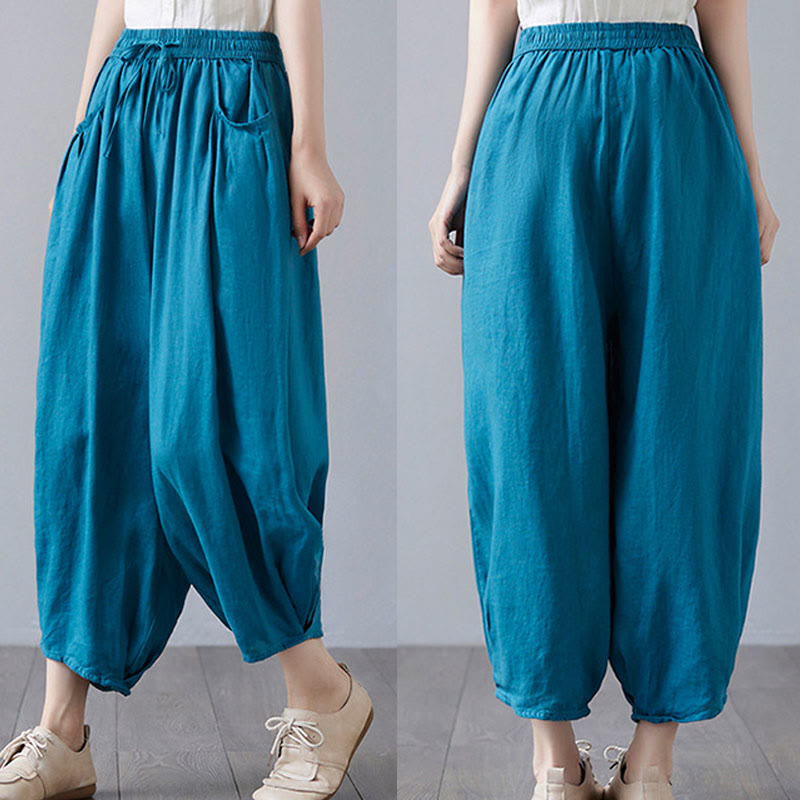 Pantalon court d'été uni Buddha Stones pour femme, sarouel en coton et lin avec poches - image 33