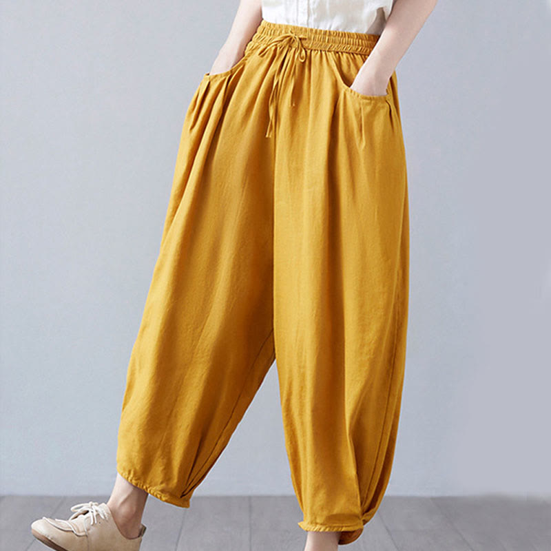 Pantalon court d'été uni Buddha Stones pour femme, sarouel en coton et lin avec poches - image 39