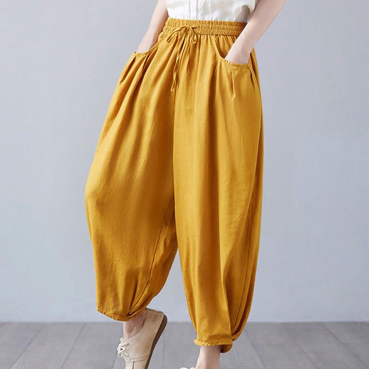 Pantalon court d'été uni Buddha Stones pour femme, sarouel en coton et lin avec poches - image 37