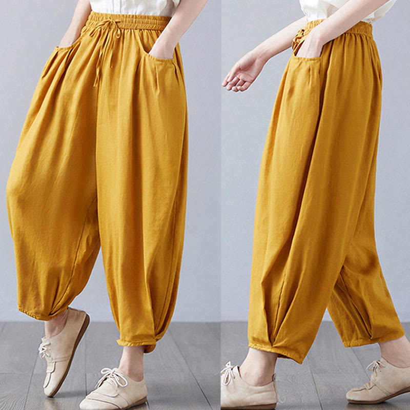 Pantalon court d'été uni Buddha Stones pour femme, sarouel en coton et lin avec poches - image 40