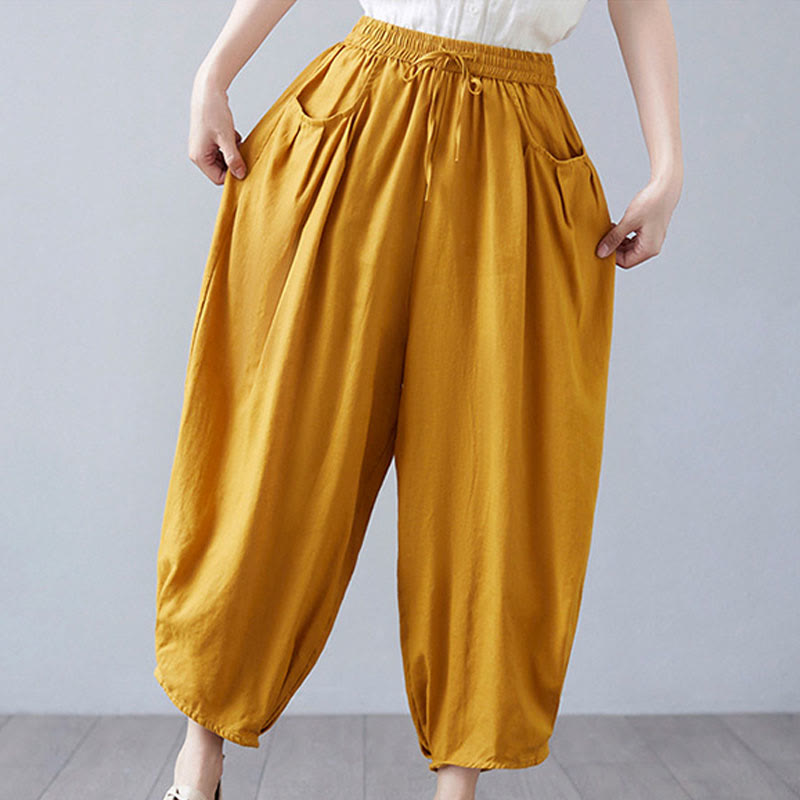 Pantalon court d'été uni Buddha Stones pour femme, sarouel en coton et lin avec poches - image 38