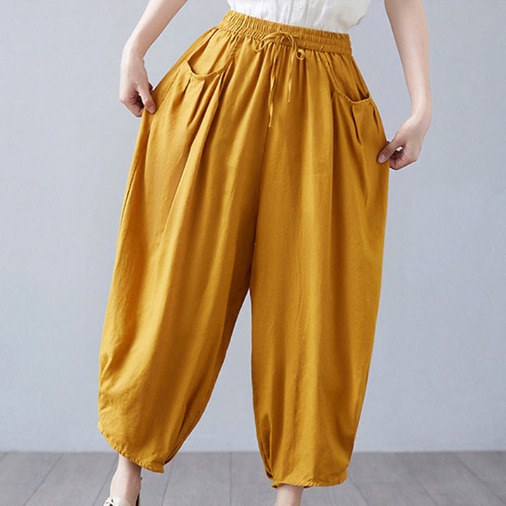 Pantalon court d'été uni Buddha Stones pour femme, sarouel en coton et lin avec poches - image 38
