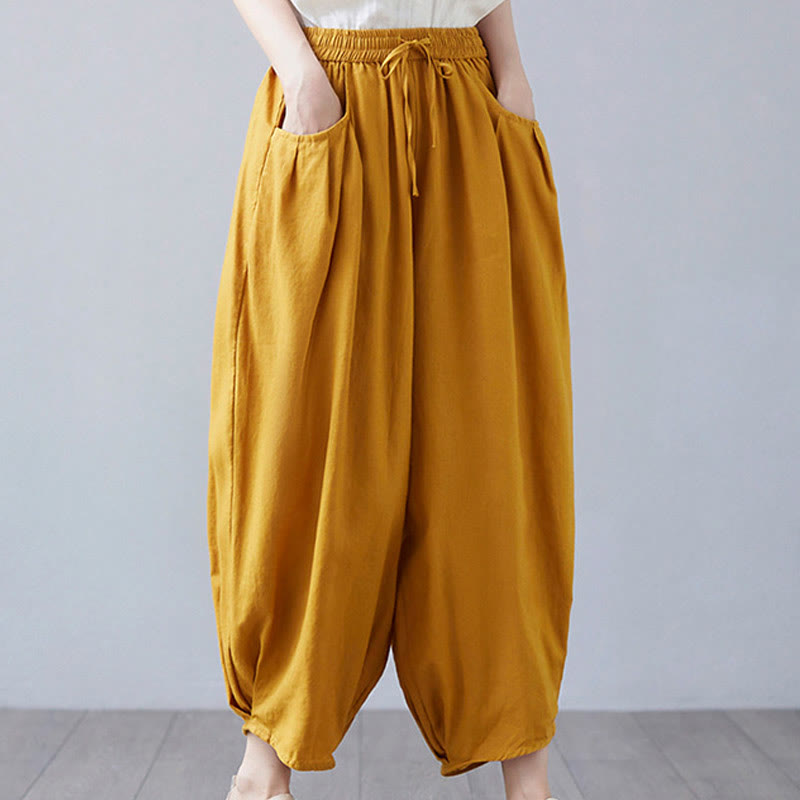 Pantalon court d'été uni Buddha Stones pour femme, sarouel en coton et lin avec poches - image 35