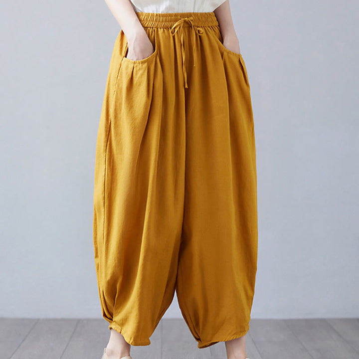 Pantalon court d'été uni Buddha Stones pour femme, sarouel en coton et lin avec poches - image 35