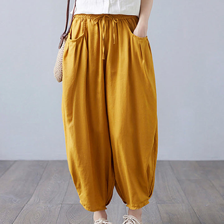 Pantalon court d'été uni Buddha Stones pour femme, sarouel en coton et lin avec poches - image 36