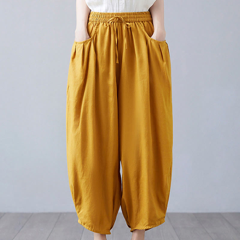 Pantalon court d'été uni Buddha Stones pour femme, sarouel en coton et lin avec poches - Or - US12，UK/AU16，EU44 (3XL) - image 34