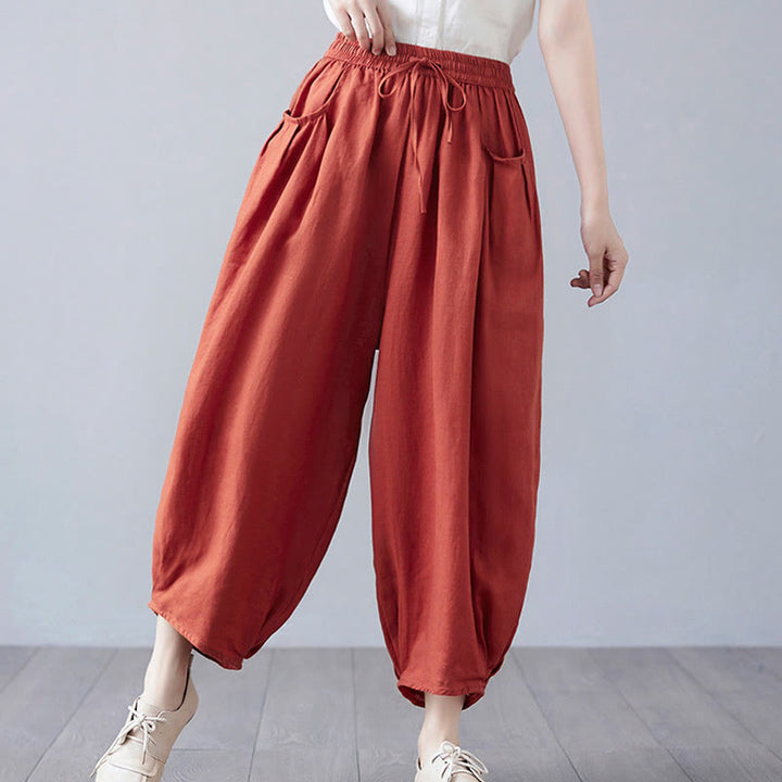 Pantalon court d'été uni Buddha Stones pour femme, sarouel en coton et lin avec poches - image 43
