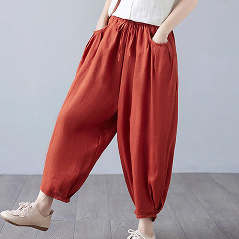 Pantalon court d'été uni Buddha Stones pour femme, sarouel en coton et lin avec poches - image 44