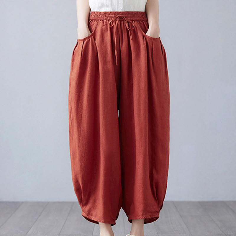 Pantalon court d'été uni Buddha Stones pour femme, sarouel en coton et lin avec poches - Rouge indien - US12，UK/AU16，EU44 (3XL) - image 41