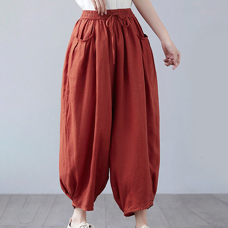 Pantalon court d'été uni Buddha Stones pour femme, sarouel en coton et lin avec poches - image 42
