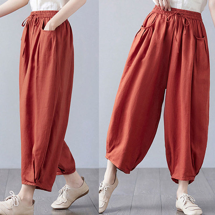 Pantalon court d'été uni Buddha Stones pour femme, sarouel en coton et lin avec poches - image 45