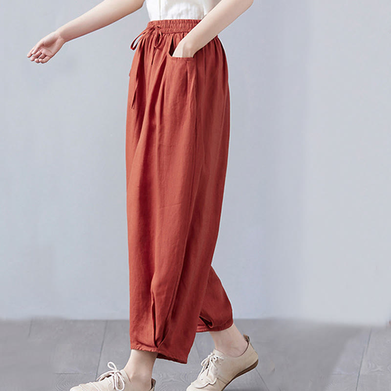 Pantalon court d'été uni Buddha Stones pour femme, sarouel en coton et lin avec poches - image 46