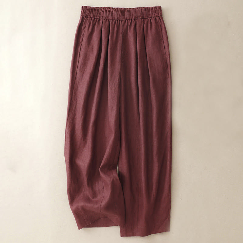 Pantalon sarouel d'été uni en coton et lin avec poches pour femme Buddha Stones - Bordeaux - US8-10，UK/AU12-14，EU40-42 (2XL) - image 6