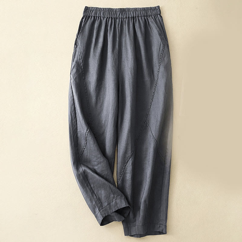 Pantalon court décontracté uni Buddha Stones pour femme, sarouel en coton et lin avec poches - Bleu acier - US8-10，UK/AU12-14，EU40-42 (2XL) - image 1