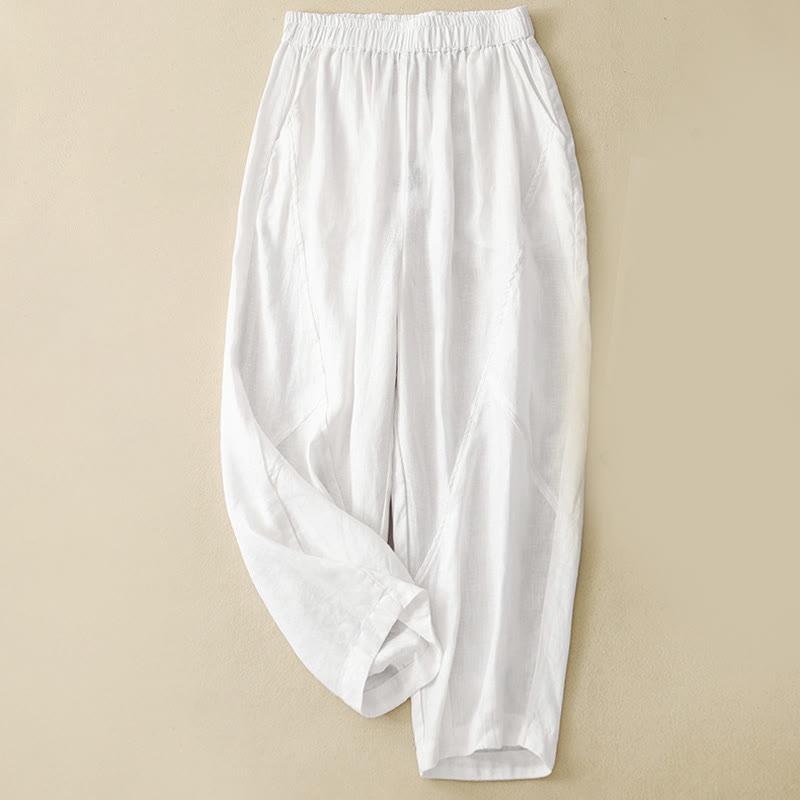 Pantalon court uni décontracté Buddha Stones, pantalon harem en lin pour femme avec poches - Blanc - US8-10，UK/AU12-14，EU40-42 (2XL) - image 5