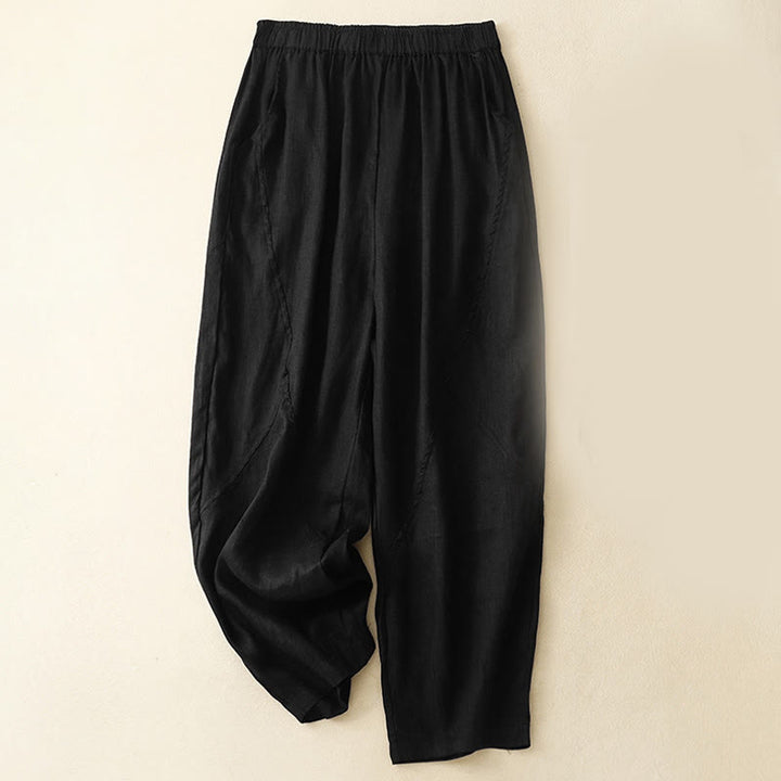 Pantalon court uni décontracté Buddha Stones, pantalon harem en lin pour femme avec poches - Noir - US8-10，UK/AU12-14，EU40-42 (2XL) - image 10