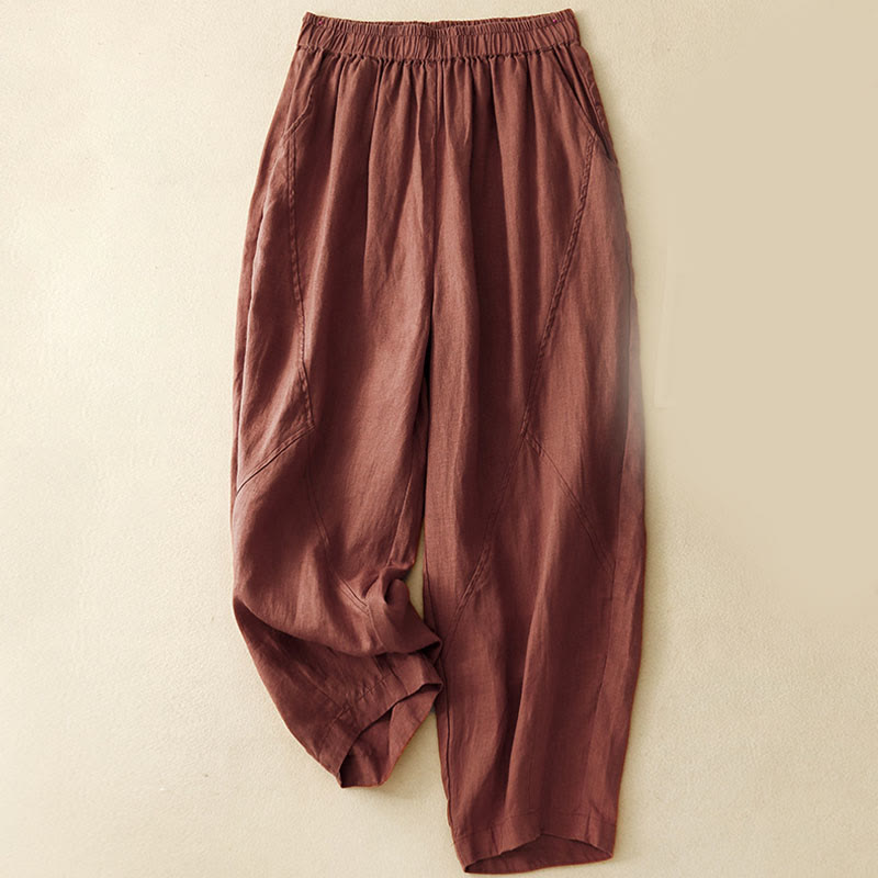 Pantalon court uni décontracté Buddha Stones, pantalon harem en lin pour femme avec poches - Bordeaux - US8-10，UK/AU12-14，EU40-42 (2XL) - image 15