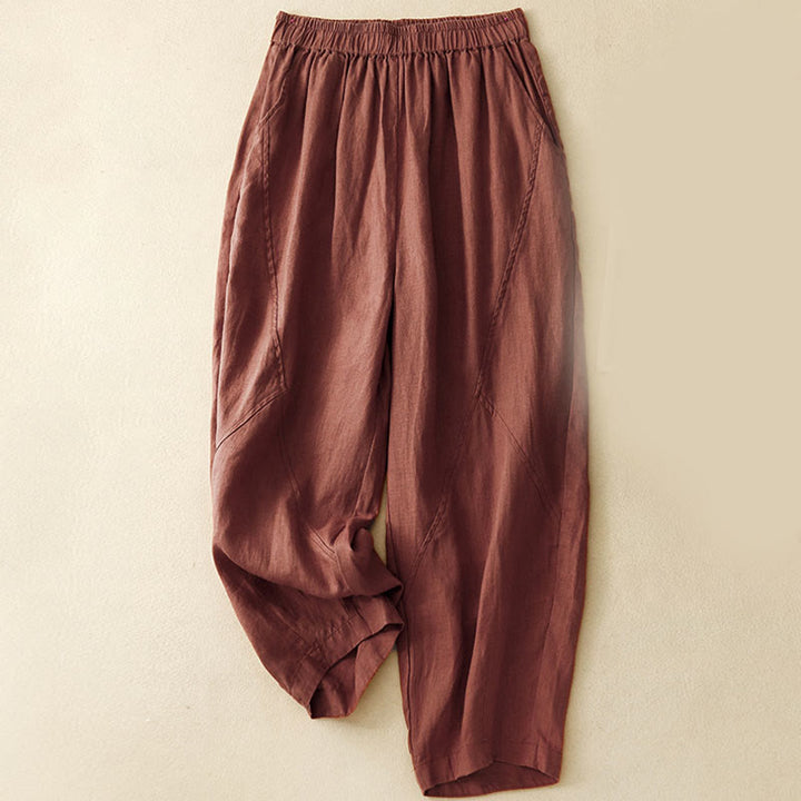 Pantalon court uni décontracté Buddha Stones, pantalon harem en lin pour femme avec poches - Bordeaux - US8-10，UK/AU12-14，EU40-42 (2XL) - image 15