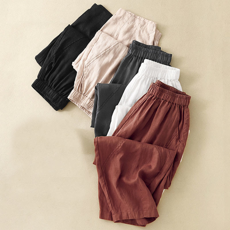 Pantalon court décontracté uni Buddha Stones pour femme, sarouel en coton et lin avec poches - image 30