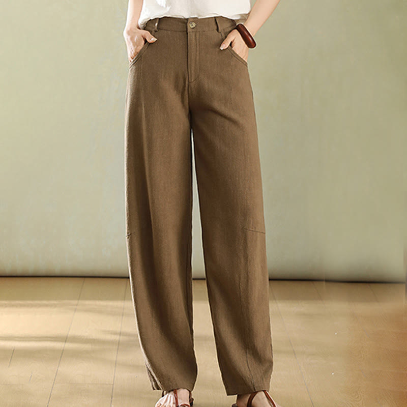 Pantalon en lin pour femme avec poches et boutons couleur pure Buddha Stones - Pérou - US6，UK/AU10，EU38 (XL) - image 1