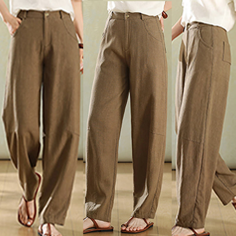 Pantalon en lin pour femme avec poches et boutons couleur pure Buddha Stones - image 2