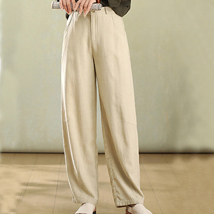 Pantalon en lin pour femme avec poches et boutons couleur pure Buddha Stones - Soie de maïs - US6，UK/AU10，EU38 (XL) - image 3
