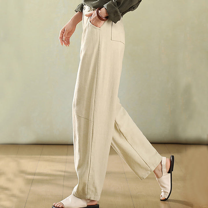 Pantalon en lin pour femme avec poches et boutons couleur pure Buddha Stones - image 4