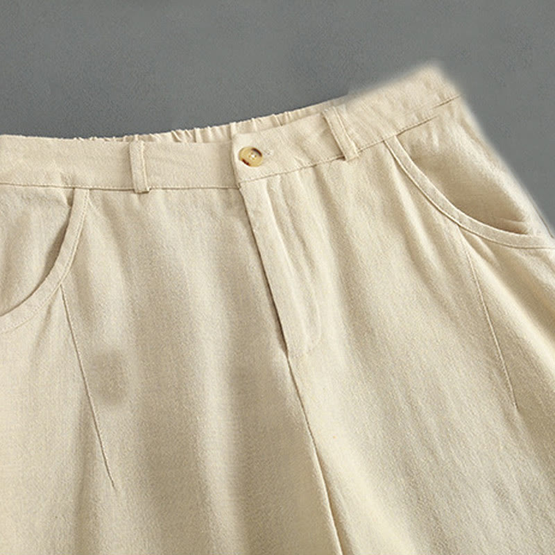 Pantalon en lin pour femme avec poches et boutons couleur pure Buddha Stones - image 9