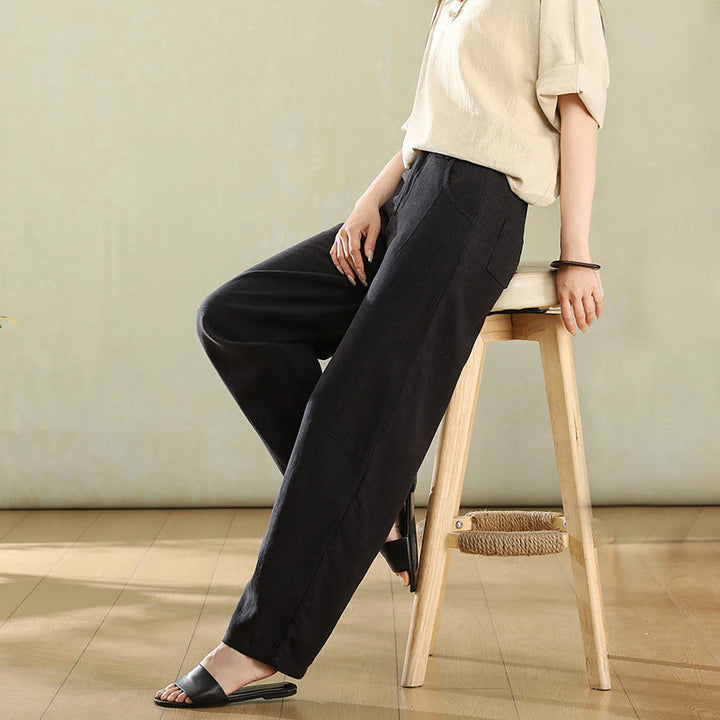 Pantalon en lin pour femme avec poches et boutons couleur pure Buddha Stones - Noir - US6，UK/AU10，EU38 (XL) - image 13