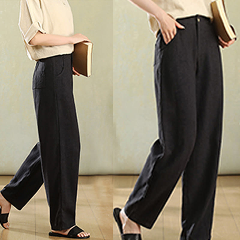 Pantalon en lin pour femme avec poches et boutons couleur pure Buddha Stones - image 15