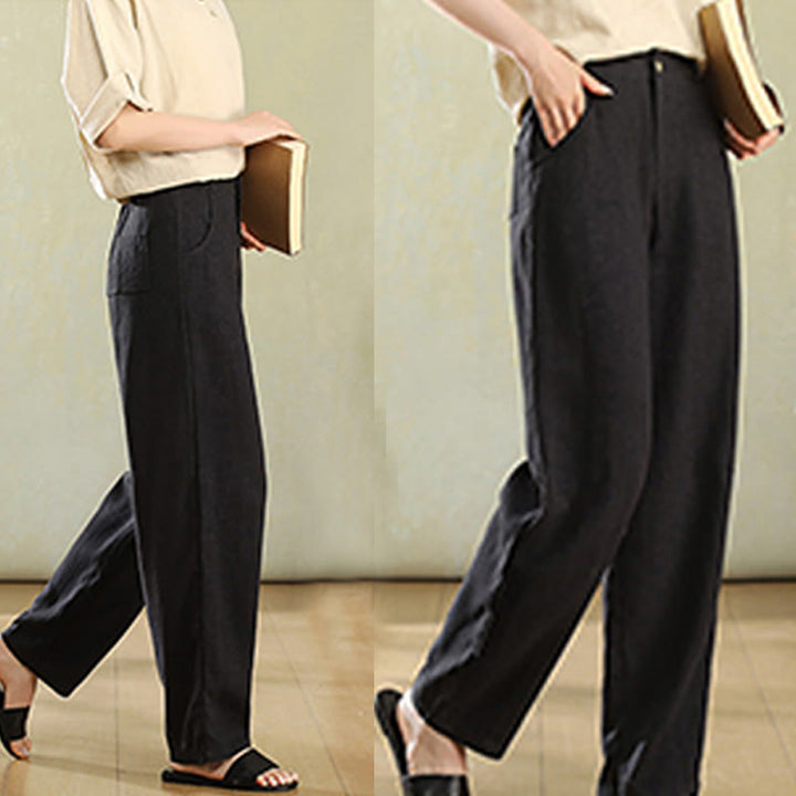 Pantalon en lin pour femme avec poches et boutons couleur pure Buddha Stones - image 15