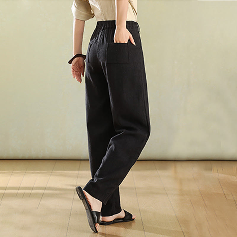 Pantalon en lin pour femme avec poches et boutons couleur pure Buddha Stones - image 14